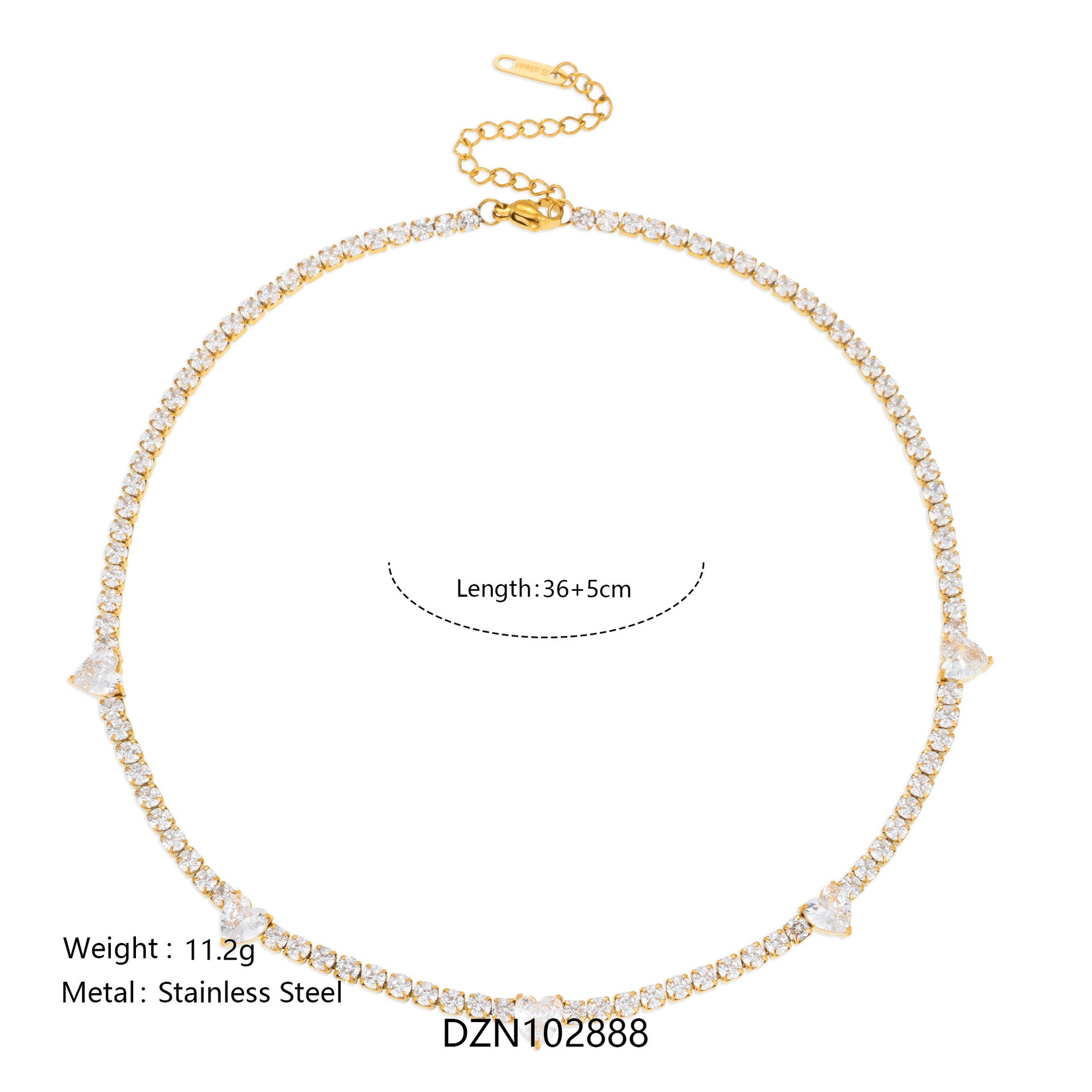 gold plated stainless steel cz tennis choker necklace with heart station stones wholesale