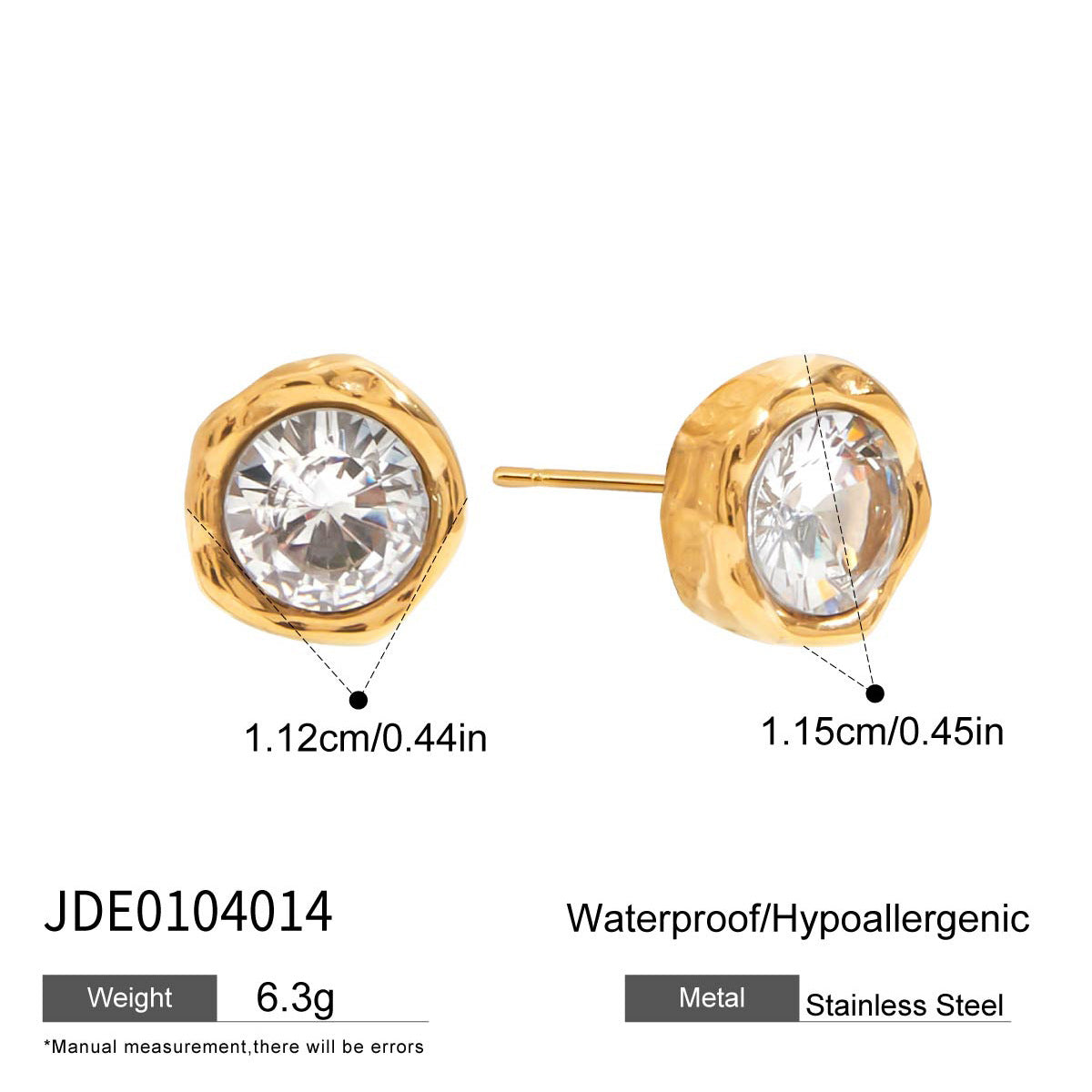 Round zircon stainless steel stud earrings with size and weight details