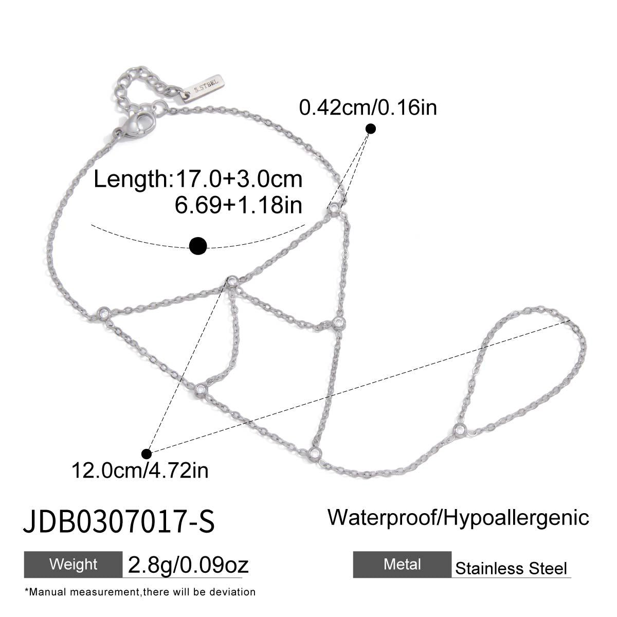 stainless steel zircon finger bracelet with size and length measurements