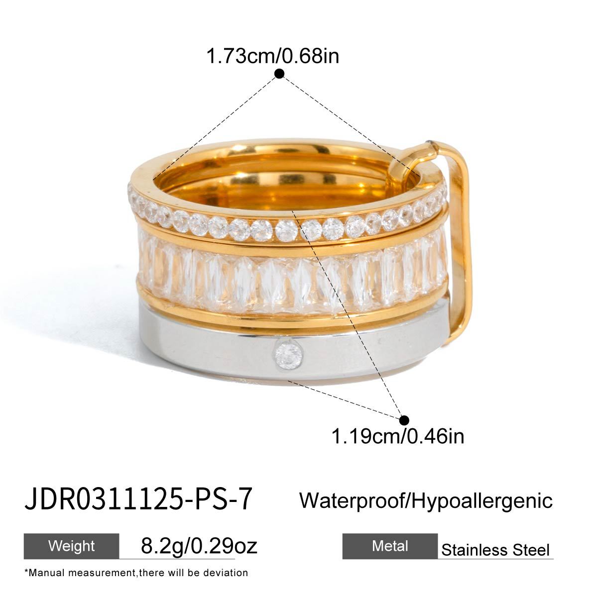 Gold and silver stainless steel ring with zircon detail and front size view