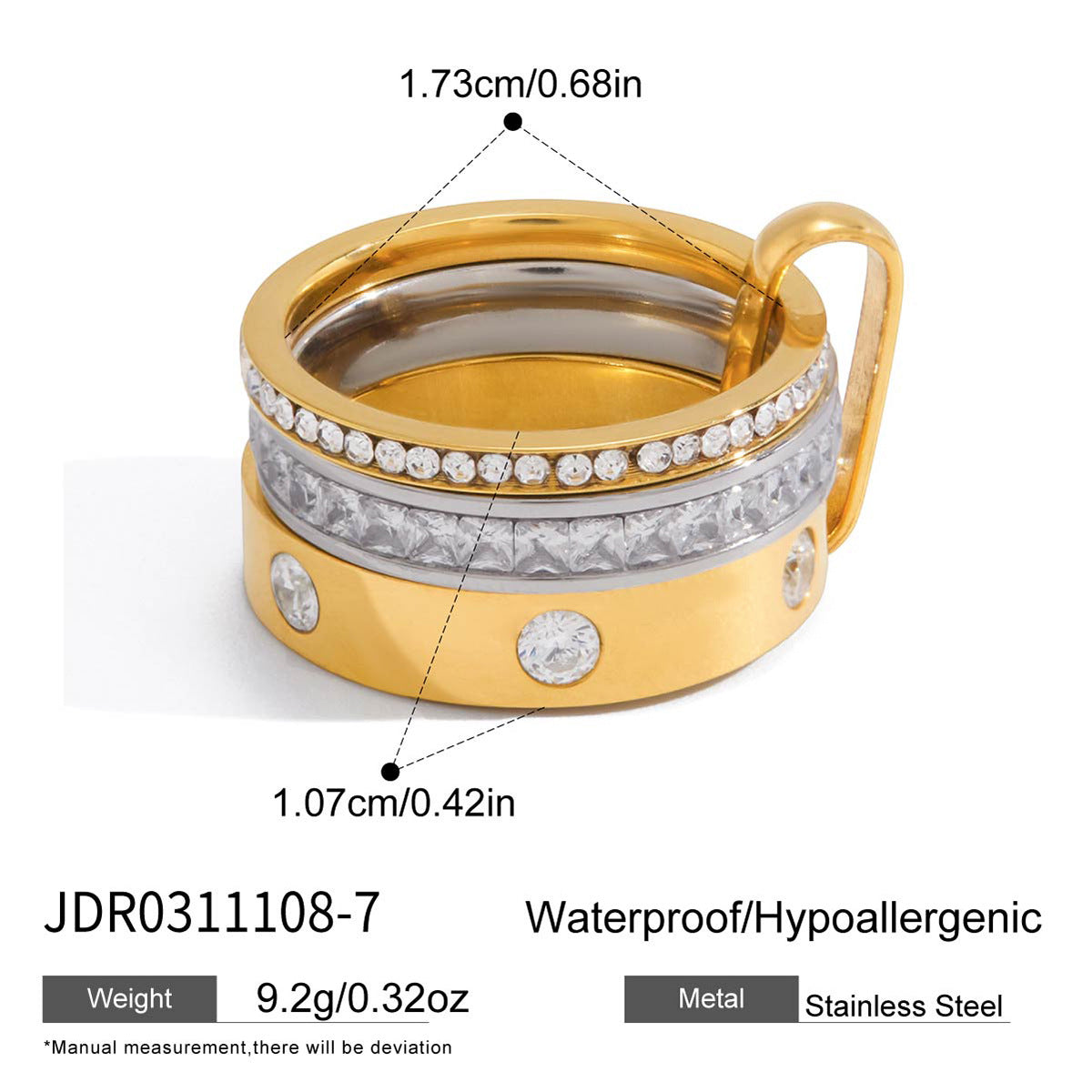 stainless steel ring with zircon detail and front size view