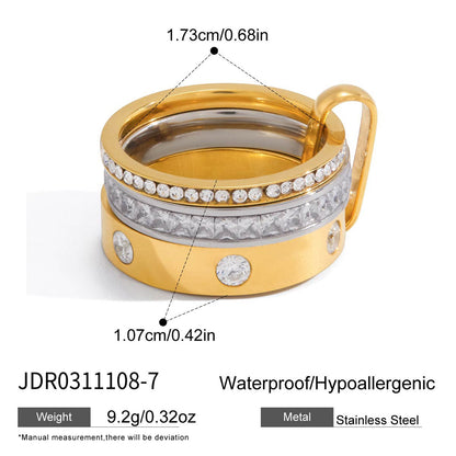 stainless steel ring with zircon detail and front size view